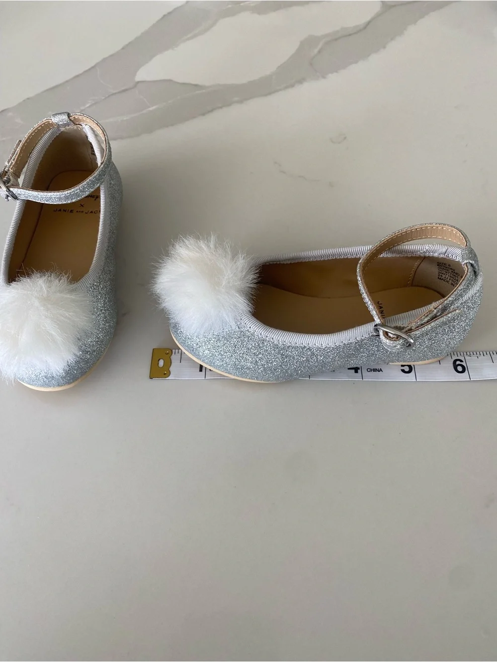 Disney Janie and Jack Frozen Elsa Silver Glitter Pom Ballet Flats Ankle Strap 6